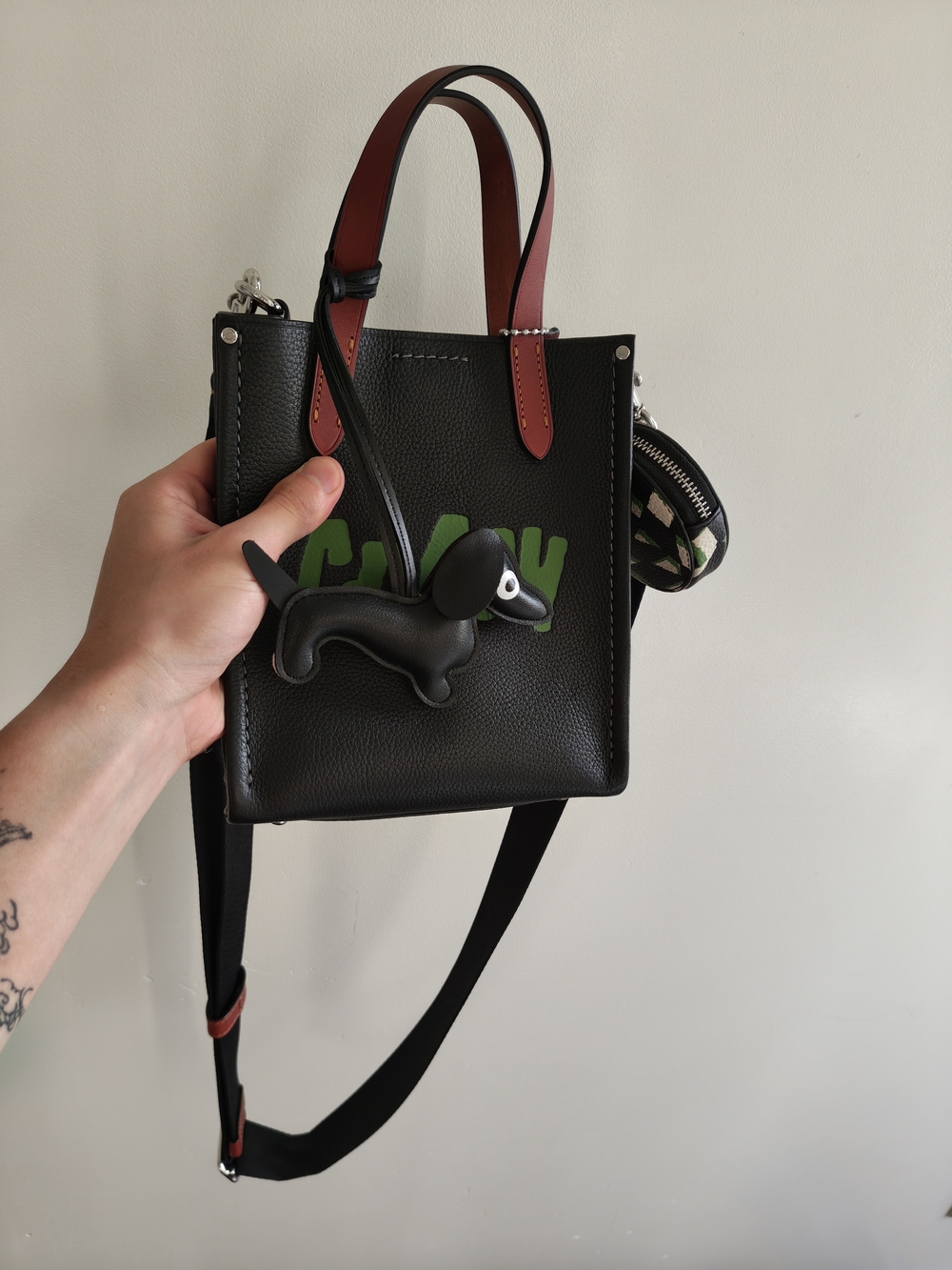 COACH Black Leather Graffiti Logo Tote with Burgundy Handles